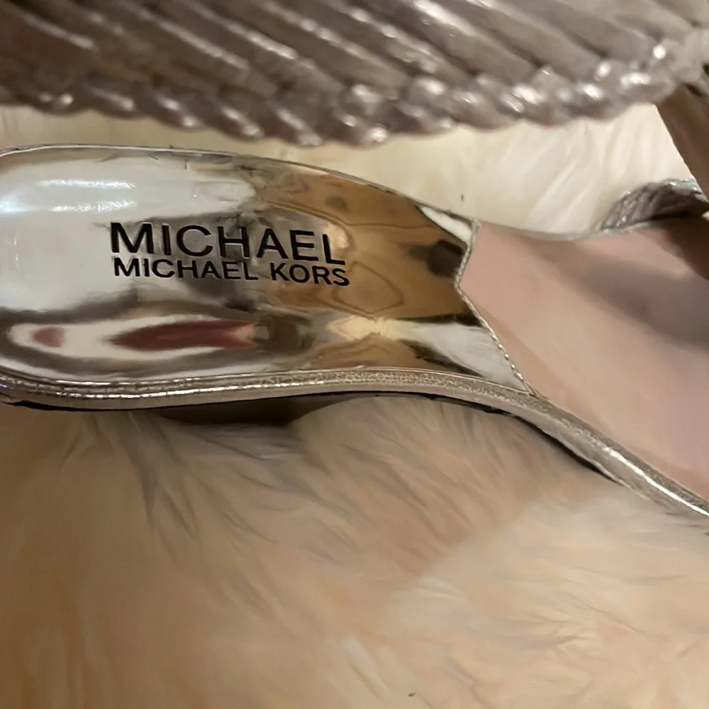 Michael Kors Silver Leather Heeled Sandals w/ Ankle Straps